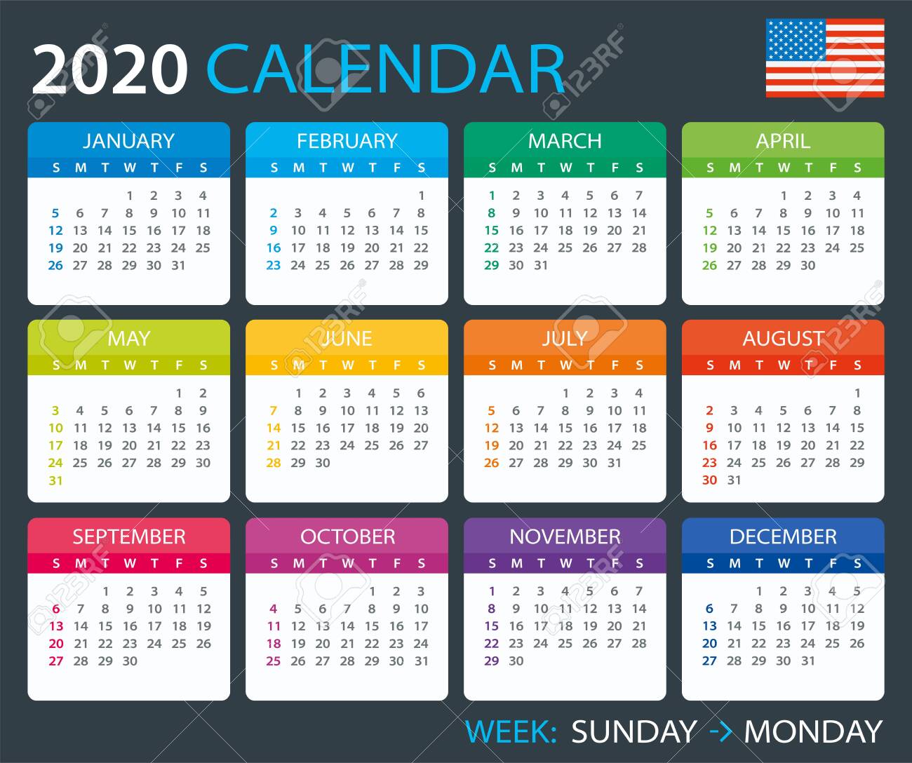 Vector template of color 2020 calendar - English American version Vector template of color 2020 calendar - English American version